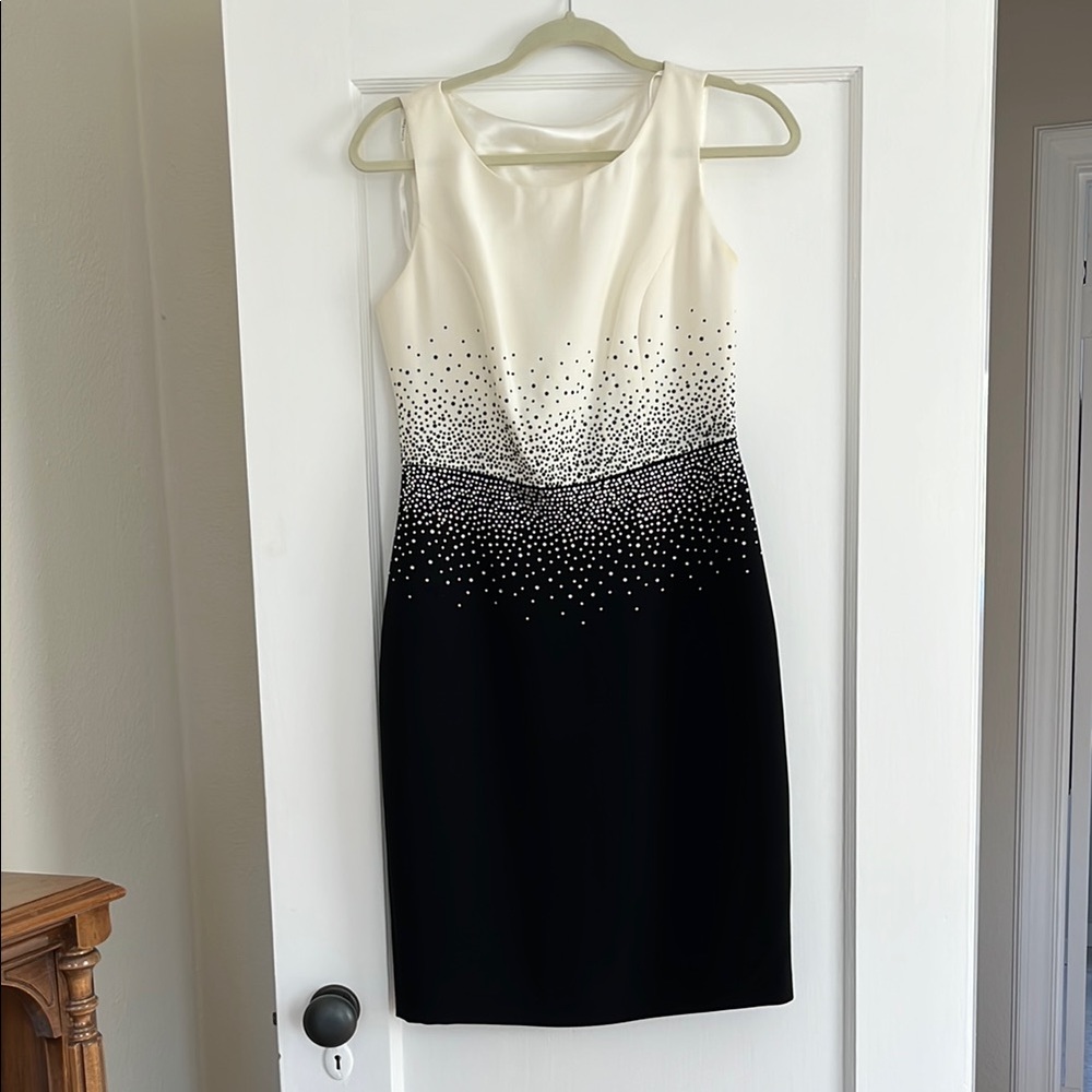 Elegant Black and White Sleeveless Rhinestone  Dress by Calvin Klein